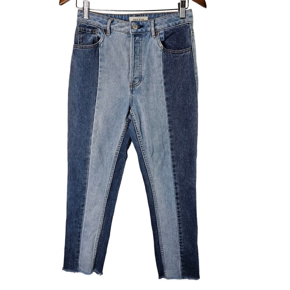 Pacsun Mom Jeans Womens Size 26 Two Tone Denim Button Fly Retro Fringe High Rise